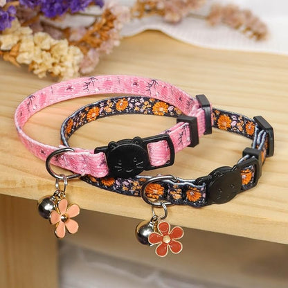 Cat Collar Breakaway, 2 Pack Cotton Cats Collars with Bells, Cute Flowers Shaped for Girl Boy Kittens, Pink and Orange