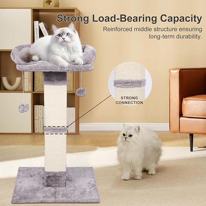34" Tall Cat Scratching Post with Bed, Sisal Scratch Posts Trees with Plush Perch and Hanging Ball for Indoor Cats, Removable Cover, Large Scratch Post and Base, Rugged and Durable, Light Grey