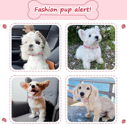 Pink Dog Collar for Small Dogs, Cute Dog Collars Girl Puppy Collar with Strawberry Pattern, Adjustable Cotton Pink Collar Ideal, Daily Photos & Pet Fashion