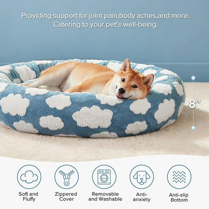 JOEJOY Donut Small Dog Bed, Round Cat Beds for Indoor Cats with Removable Washable Cover, Orthopedic Cute Puppy Kitten Pet Bed with Jacquard Shaggy Plush & Non Skid Bottom, Black