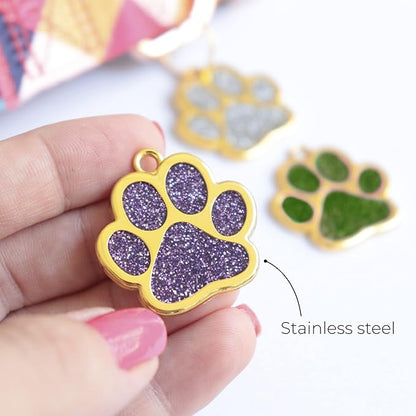 Paw Shape Dog ID Tag Stainless Steel Custom Laser Engraved, Cute Bling Glitter Pet Name Tags Personalized with Durable Engraving (Gold Sparkly Paw)