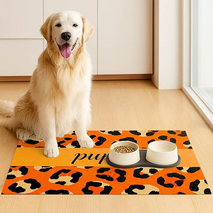 Puppy Feeding Mat 20x12 inch Orange Leopard Print Dog Bowl Placemat Non Slip Mat for Pet Food and Water Small Dog Food Area Indoor Puppy Feeding Station Pet Meal Mats for Kitchen