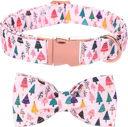 Christmas Dog Collar, Pink Christmas Tree Soft Comfortable Collars with Bow Adjustable Pet Collar with Premium Metal Buckle Puppy Necklace for X-Small Girl Dogs