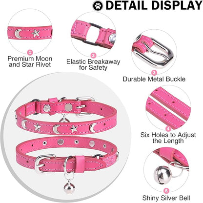 Leather Cat Collars for Boy Girl Cats with Bell and Safety Elastic Belt, Personalized Star and Moon Stud Adjustable Safe Buckle Collar for Kitty Small Big Cats Size 8-12 Inch, Rose
