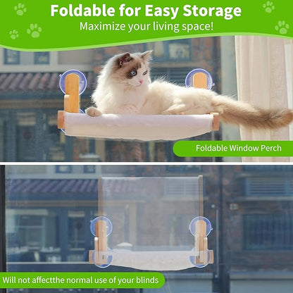 Cat Window Perch with Wooden Frame – Aloxina Foldable Cat Hammock Bed for Indoor Cats, Soft Rabbit Fur Cover, Washable, Strong Suction Cups, No Drilling, Supports Large Cats