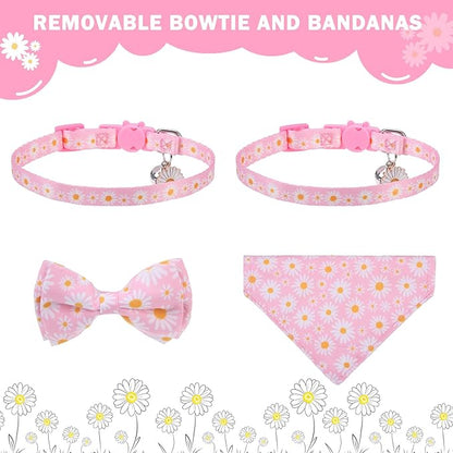 SCENEREAL Spring Cat Collar Breakaway with Bells, 2 Pack Cute Flower Pet Collar with Removable Bow Tie and Bandana, Adjustable Safety Buckle with Daisy Pendants for Girl Cats Kitten