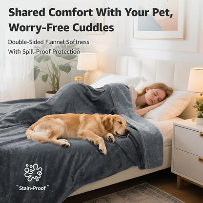LOOBANI Waterproof Blanket for Bed: Reversible Soft Flannel Twin Bed Blanket 60" x 80", Leakproof Throw Spill-Proof Dog Pet Blanket for Couch, Sofa Protect, Movie Time, Camping, Travel, Grey