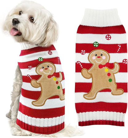 Dog Christmas Sweater Xmas Pet Clothes Cute Striped Gingerbread Man Costume Holiday Puppy Cat Jumpers Outfits New Year Gifts for Small Medium Large Dogs(Red Gingerbread Man,XS)