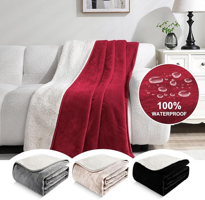Waterproof Bed Blanket - Reversible Sherpa Throw with Leak-Resistant TPU Layer - 80x60 Stain Resistant, Machine Washable Bed Protector for Couch, Bed & Pets