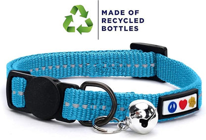 Pawtitas Recycled Teal Reflective Cat Collar – Eco-Friendly Breakaway Safety Buckle, Adjustable Kitten & Adult Collar with Removable Bell and High-Visibility Strap