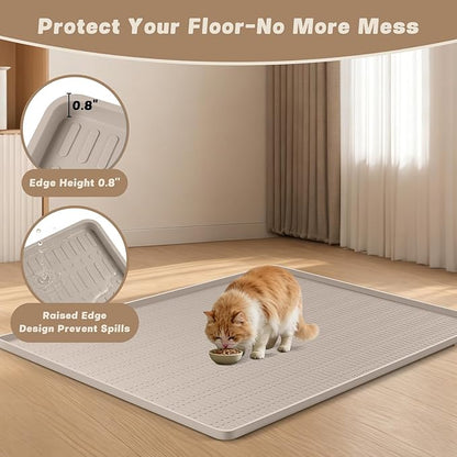 47" x 35" Silicone Cat Food Mat, Waterproof Pet Feeding Mat with Raised Edge, Extra Large Cat Bowl Mat Water Bowl Placemats for Cats, Non-Slip, Protects Floors, Easy to Clean (Beige