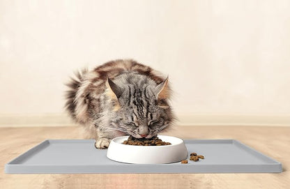 CatGuru Cat Food Mat, Small & Large Pet Feedingd Mat, 100% Waterproof Cat Mats for Food and Water, Silicone Mats for Pet Bowls, Non-Slip Placemat for Water Bowl or Fountain (Large, Silver)