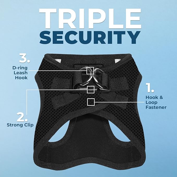 Best Pet Supplies - All Weather Mesh / Plush, Reflective, No Pull Harness for Small, Medium Dogs, Cats - Secure with Hook & Loop Fastener, Buckle, Double D-Rings - Black/Black Trim, XL