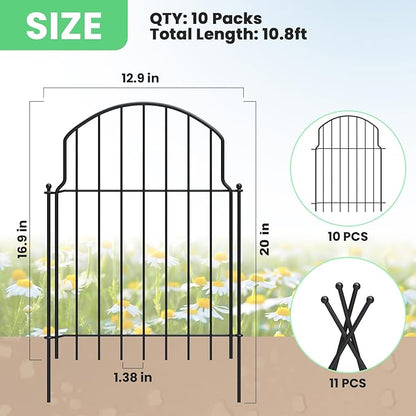 10Pcs Decorative Garden Fence, 20in(H)/10.8ft(L) Rustproof Metal Fences Animal Barrier Outdoor for Yard, Flower Bed Edging Ornamental Border Panel for Dogs, Rabbits, Dig Defence, Garden Decor, Patio