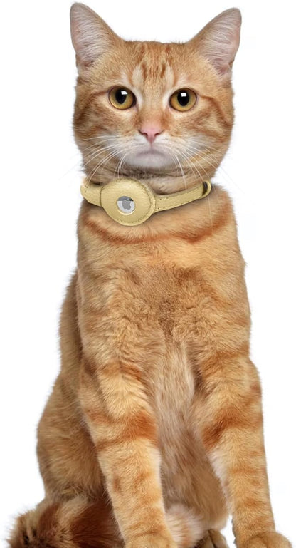 OOPSDOGGY Leather AirTag Cat Collar with Bell - Non Breakaway Kitten Collar with Apple Air Tag Holder - Lightweight GPS Pet Collars for Girl Boy Cats, Small Dogs, Puppies (Beige)