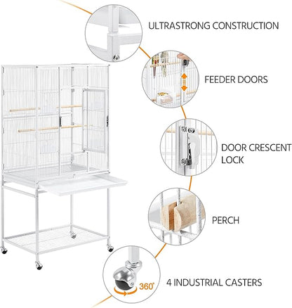 Topeakmart 54-inch Flight Bird Cage with Stand Wrought Iron Bird Cage for Parakeets Parrots Green Cheek Conures Budgies Finches, White