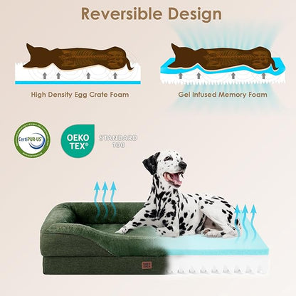 EHEYCIGA Orthopedic Dog Bed for Medium Dog, 30x20x6.5 Inch Memory Foam Dog Couch Bed with Sides, Waterproof Liner & Washable Removable Cover, Bolster Pet Sofa, Dark Green