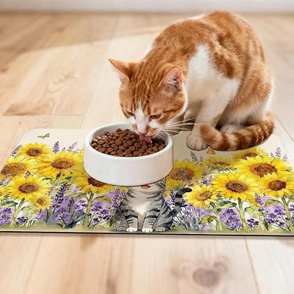 Dog Food Mat for Pet Cat Food Mat, Sunflower Absorbent Quick Dry Dog Bowl Mats for Food and Water, Non-Slip Cat Pet Feeding Mats for Floor Placemats 12"x20"