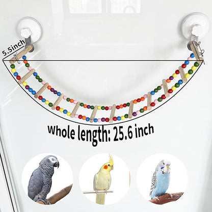 FlidRunest Suction Cup Wooden Bird Perch Stand Toy, Colorful Bird Parrot Ladder Bridge Toys for Window/Bath/Car, Climbing Ladder for Parrot, Lovebird, Parakeet, Budgie