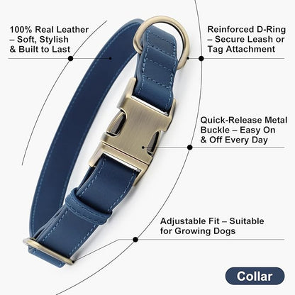 Plutus Pet Genuine Leather Dog Collar – Adjustable Pet Collar with Quick Release Metal Buckle, Soft Real Leather for Small Medium Large Dogs, Heavy Duty & Skin-Friendly (Royal Blue, S)