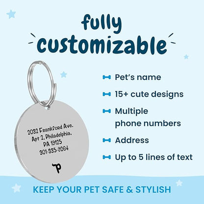 PawFurEver Custom Engraved Pet ID Tag – Personalized Dog Name Tag for Dogs and Cats, Stainless Steel Collar Accessory with Cute Designs for pet Name Tags (Circle, Silver)