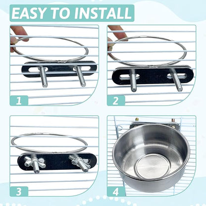 PINVNBY Stainless Steel Bird Bowl Parrot Food Water Bowls with Clamp Holder Bird Feeder Dish Cups Crate Bowls for Cockatiel Pigeons Conure Budgies African Greys (2PCS Screw Size: M)