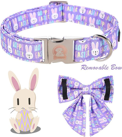 MR. CHUBBYFACE Easter Dog Collar, Purple Rabbit Puppy Collar with Flower, Adjustable Pet Collar Bowtie for Small Medium Large Dogs