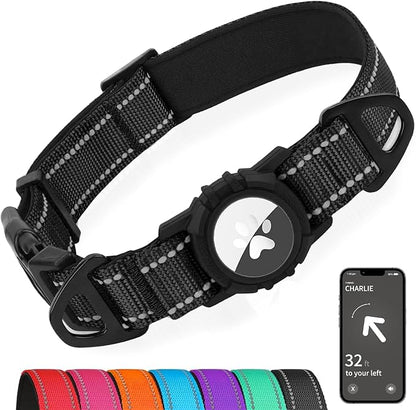 Joytale Airtag Dog Collar, Reflective Pet Collar with Waterproof AirTag Holder, Dual D-Rings, Soft Padded Adjustable for Small Dogs, Black, S