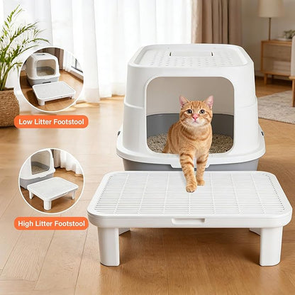 Adjustable Cat Step Ramp, Double Layer Litter Box Step with Filter Function, Replaceable Feet, Elevated Litter Box Ramp for Elderly Cats Easy Cleaning Cat Catcher for Floor Indoor (White)