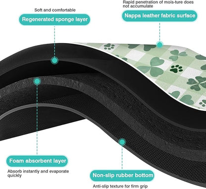 St Patricks Day Dog Food & Water Mat, Green Shamrocks Paw Prints Clover Pet Feeding Mat for Floor Non-Slip Waterproof, Super Absorbent Cat Bowl Mat, Easy to Clean Pet Placemat,12" × 20"