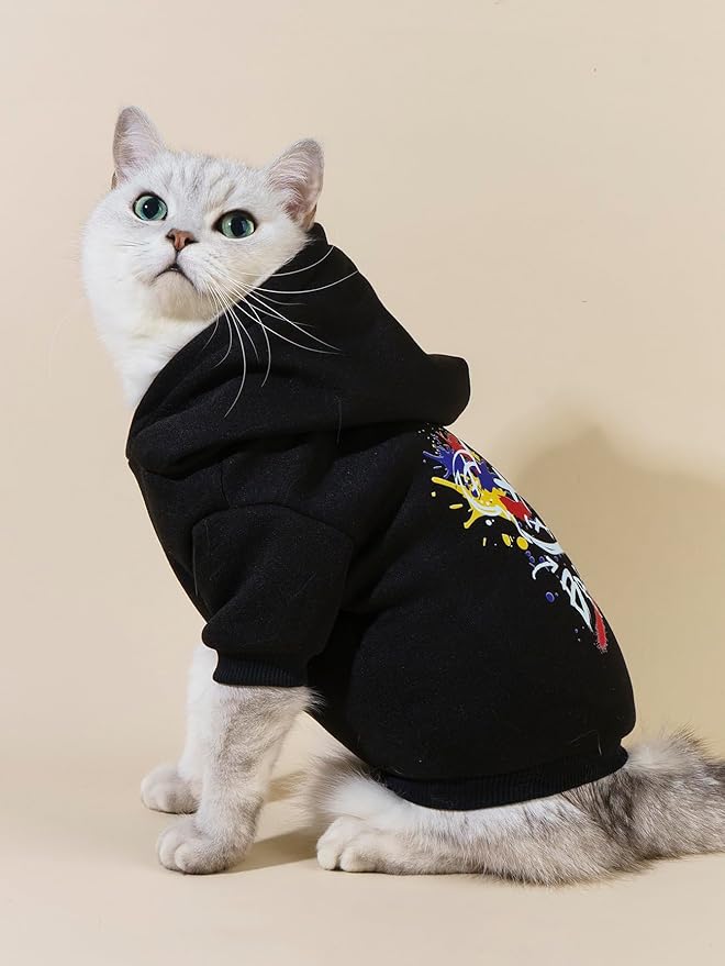 QWINEE Cartoon Bear Print Cat Hoodie Breathable Stretchy Sweatshirts with Hat Warm Cat Clothes for Small Medium Large Cats Dogs Multicolor XXS
