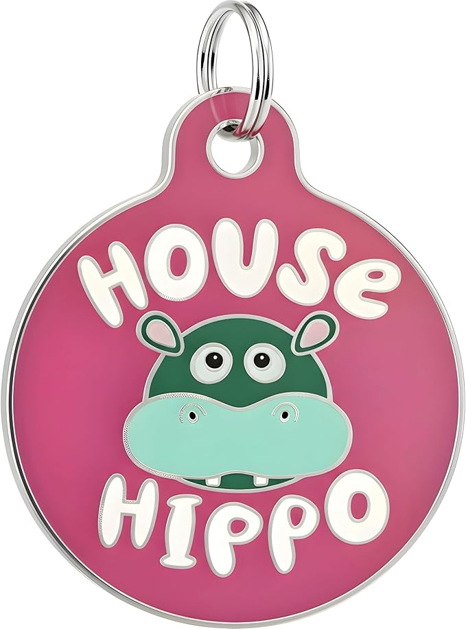 Bad Tags Personalized Dog and Cat ID Tags in 25+ Designs and 2 Sizes - 5 Lines of Custom Engraved Text - Funny Cute Personalized Pet Tags (House Hippo - Pink, Large (1.25 inch))