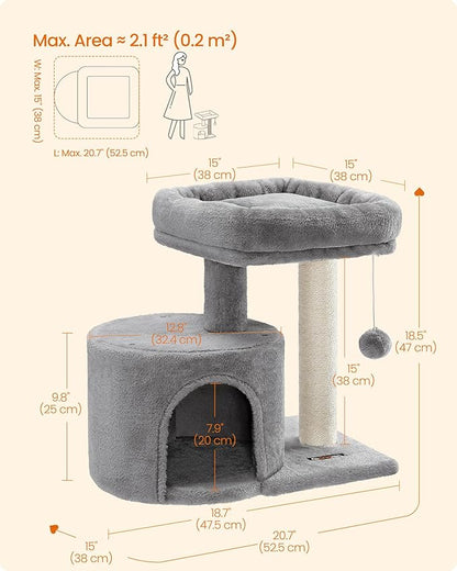 Feandrea Cat Tree, Small Cat Tower with Sisal Scratching Post, Plush Condo with Padded Perch, for Small Spaces, Kittens, Light Gray UPCT50W