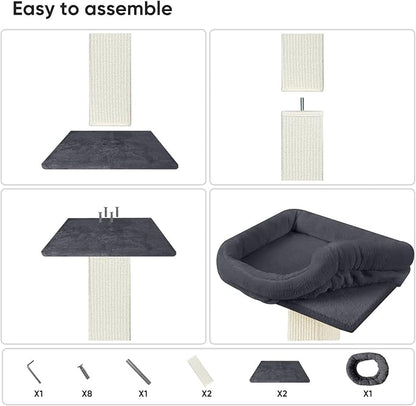 AGYM Cat Scratching Post, 32”Cat Scratcher with Large Plush Perch, Sisal & Carpet Scratching Post, Vertical Posts with Elevated Bed for Indoor Cats, Removable& Washable Cover, Darkgrey