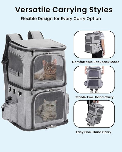 Double-Compartment Pet Carrier Backpack for Small Cats and Dogs, Cat Travel Carrier for 2 Cats, Perfect for Traveling/Hiking/Camping, Grey