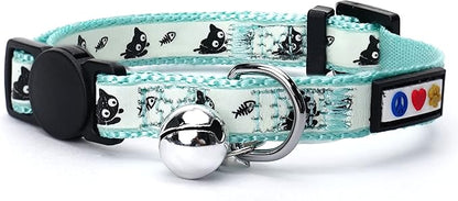 Pawtitas Glow in The Dark Cat Collar with Breakaway Safety Buckle & Bell Adjustable Kitten Collar, Teal