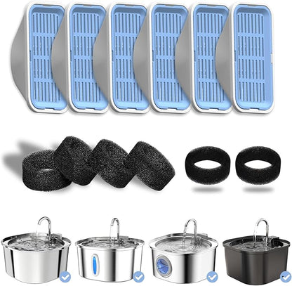 PEKTACO Cat Water Fountain Replacement Filters & Pre-Filter Sponges for 3.2L/108oz Automatic Pet Fountain, Dog Water Dispenser – 6 Pack Filters & 6 Pre-Filter Sponges