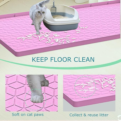 Cat Litter Mat, Silicone Large Cat Mat for Litter Box - 34x22 in, Waterproof & Non-Slip, Durable & Easy Clean, Pink