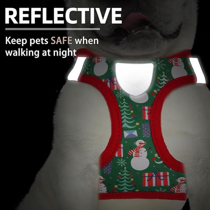 PUPTECK Adjustable Dog Harness Collar and Leash Set Step in No Pull Pet Harness for Small Medium Dogs Puppy and Cats Outdoor Walking Running, Soft Mesh Padded Reflective Vest Harnesses, Christmas, XS