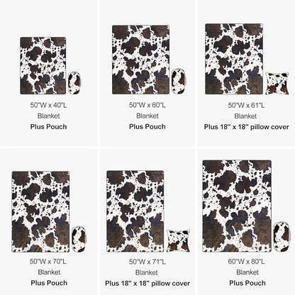 Bnuitland Brown Cow Print Throw Blanket with Storage Pouch, 300 GSM Double Sided Fuzzy Decor Lap Blanket for Bed/Sofa/Couch, Super Soft Cozy Flannel Throw Gift for Adults and Kids, 50×60 inch