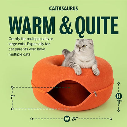 Cattasaurus Peekaboo Cat Cave Donut for Multiple & Large Cats up to 30-45 lbs, 3-in-1 Self Warming Cat Bed, Tunnel & Scratcher for Indoor Cats, Washable & Detachable Small Dog Bed (Orange, Large)