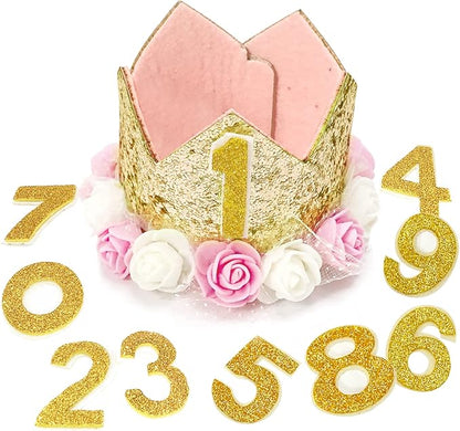 Dog Birthday Crown Hat - Reusable Party Crown with 0-9 Figures Charms for Dogs & Cats - Gold