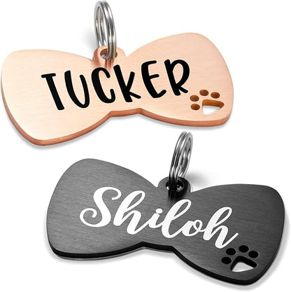 Ultra Joys Dog Tags Personalized for Pets - Hollow Paw Custom Pet ID Tag - Engraved Dog Tag for Small, Large Dogs - Small Bow Tie in Black