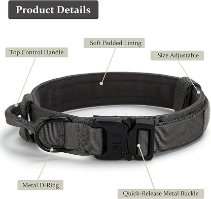 Tactical Dog Collar, Adjustable Military Training Nylon Dog Collar with Control Handle and Heavy Quick-Release Metal Buckle for Small Medium Large Dogs, Grey L