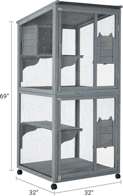 69-Inch Catio, Wooden Cat Enclosure, 4-Tier Cat House w/Waterproof Roof, Removable Tray, Nesting Box and Lockable Caster, Indoor and Outdoor Use, Easy to Clean, Multiple Accesses, Grey