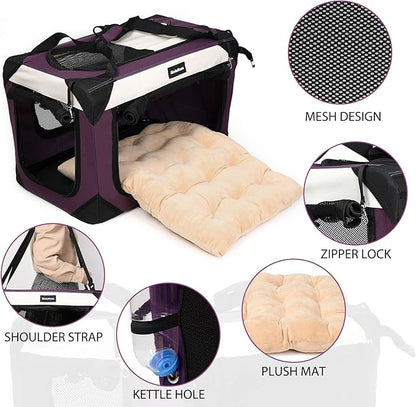 Large Cat Carrier, Collapsible Dog Travel Crate Portable Soft-Sided Pet Carrier with Super Soft Warm Plush Mat for Indoor and Outdoor 20x14x14in,Purple