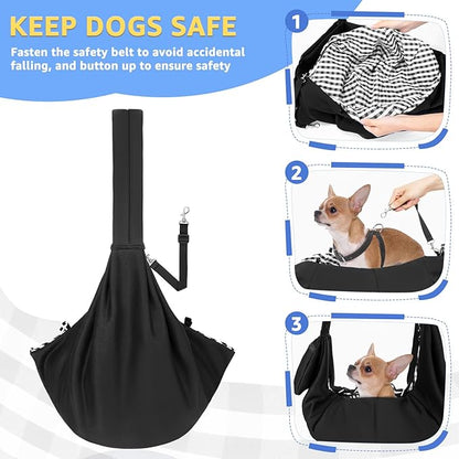 SlowTon Dog Carrier Sling - Thick Padded Shoulder Strap Adjustable Dog Carriers for Small Dogs, Puppy Carrier Purse for Pet Cat with Front Zipper Pocket Safety Belt Machine Washable (Dark Black, M)