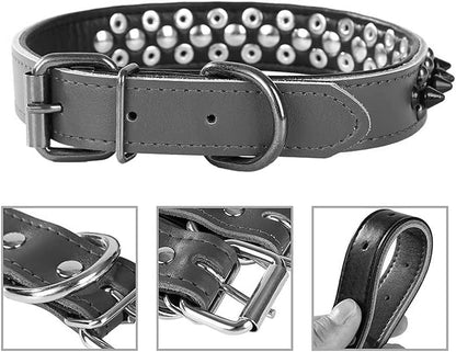 Spiked Studded Dog Collar, Genuine Leather Dog Collar, Adjustable Pet Collars for Medium Large Bulldog Pitbull Mastiff Poodle Boxer (S:27-33cm, Brown-1)