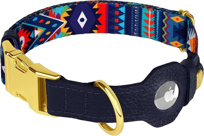 AirTag Dog Collar for Small Medium Large Breed - Adjustable Cute Pattern Dog Collar with Airtag Holder - Soft Leather Tracker GPS Apple Air Tag Pet Collars (Large, 17"-21" Neck Fit, Navajo)