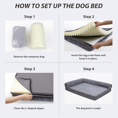 KSIIA Orthopedic Dog Bed Waterproof Flannel Bolster Couch with Egg Crate Foam for Large Dogs with Removable Washable Cover & Nonskid Bottom, 48 x 35 Inch, Gray
